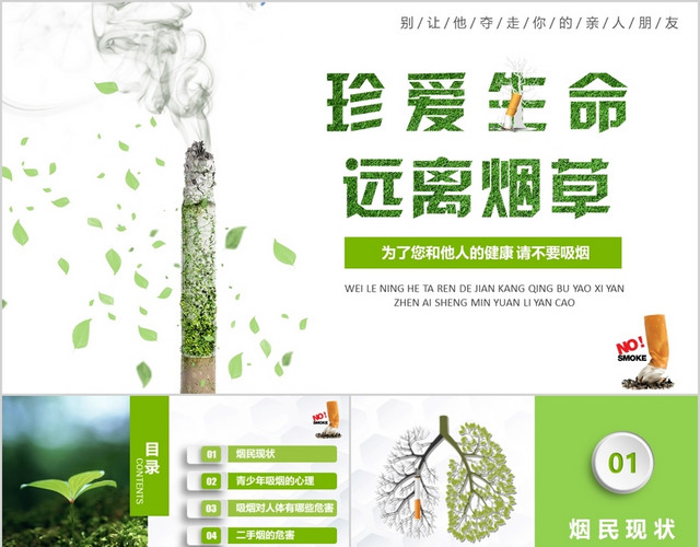 绿色简约珍爱生命远离烟草吸烟有害健康教育抽烟PPT模板