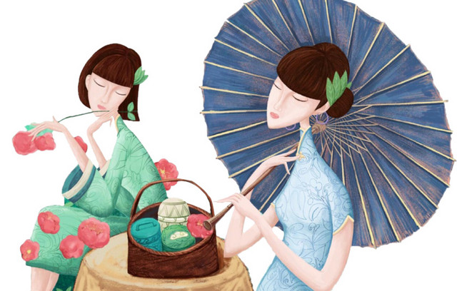卡通手绘中国风撑伞古风美女