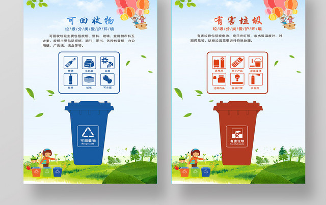 环保简约创意厨余垃圾其他垃圾可回收物有害垃圾分类海报