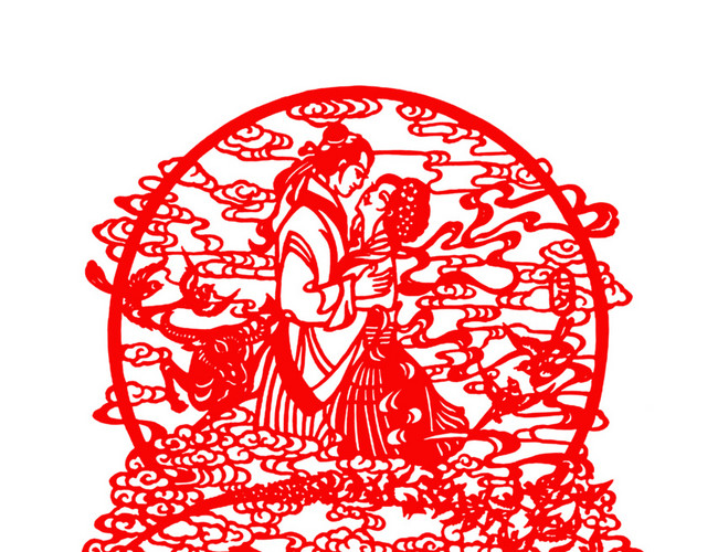 七夕牛郎织女相会剪纸素材