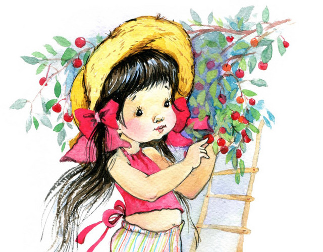 手绘风摘果子的小女孩