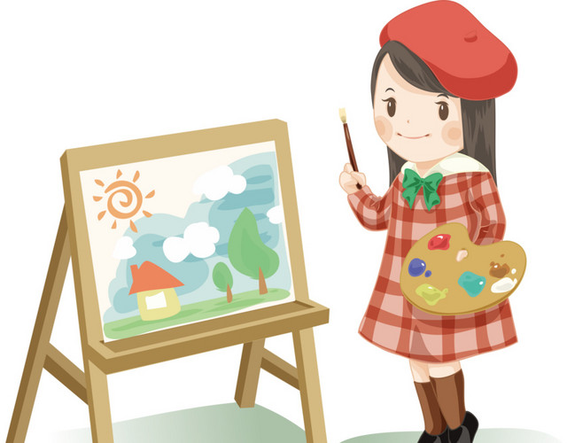 画水彩画的女孩矢量素材