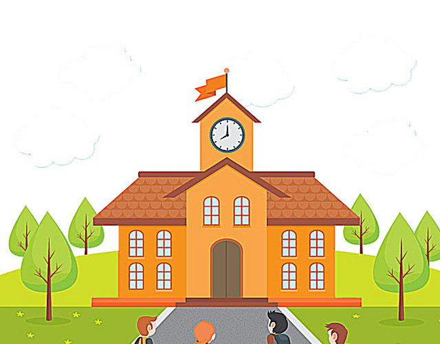 四个同学正在进入学校矢量素材