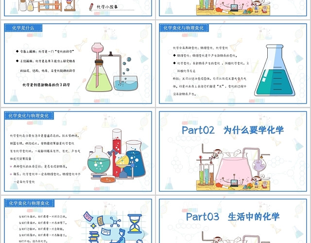 儿童卡通蓝色主题有趣的化学启蒙课化学素材化学知课件PPT模板