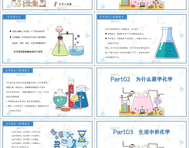 儿童卡通蓝色主题有趣的化学启蒙课化学素材化学知课件PPT模板
