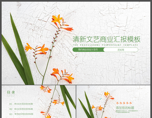 绿色纹理小清新文艺商业汇报PPT模板