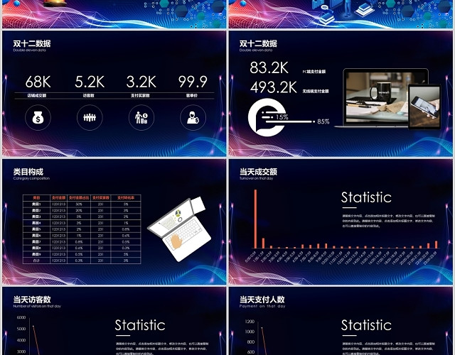 蓝色大气科技风双十二数据复盘PPT模板