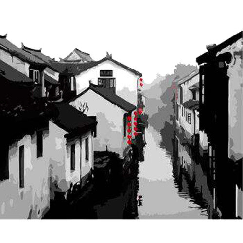 手绘水墨风古镇建筑矢量插画