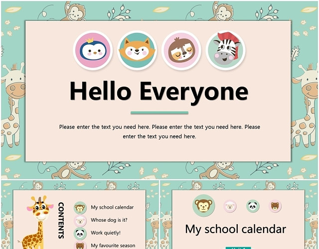 糖果色卡通动物幼儿儿童英语通用可爱超萌教学教育PPT模板