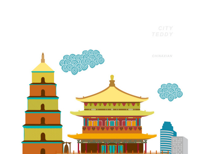 西安旅游景点建筑插画