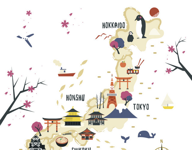 创意日本旅行地图矢量插画