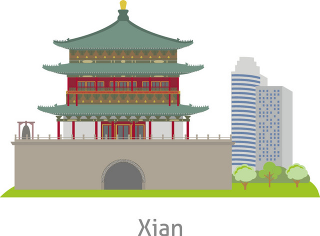 手绘卡通西安钟楼矢量插画