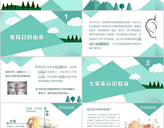 蓝色绿色阳光健康爱耳日教育介绍课件PPT模板