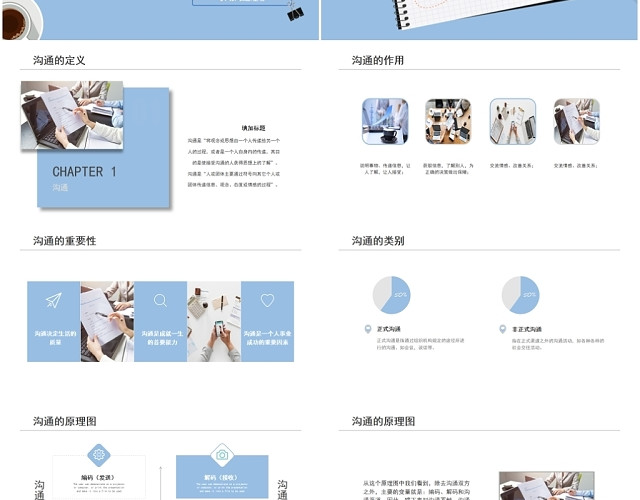 扁平蓝色简约商业职场沟通技能技巧培训学习课件PPT模板