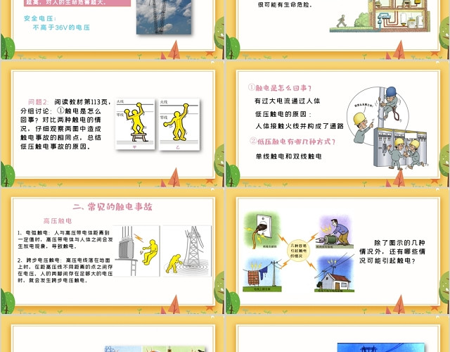 黄色卡通人教版九年级物理教学课件安全用电ppt模板 包站长