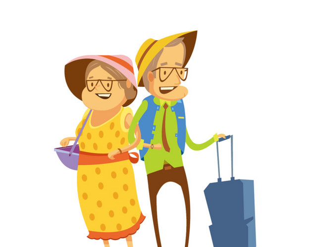旅行老年夫妻手绘卡通插画