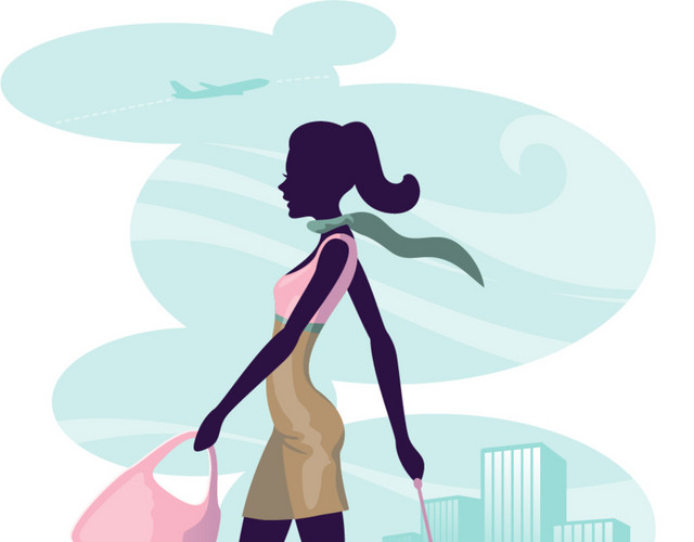 都市美女旅行剪影插画