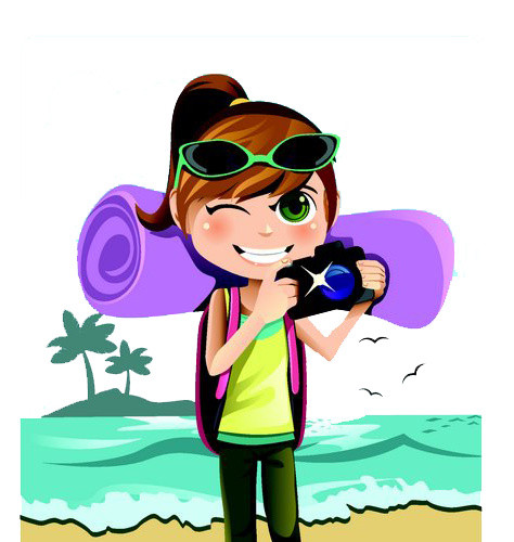 手绘卡通美女旅行拍照插画