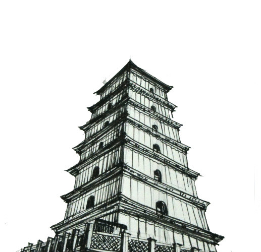 手绘西安大雁塔城市建筑插画