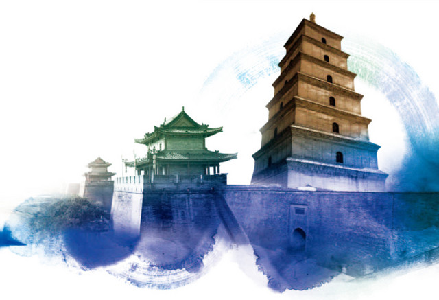西安城市建筑水墨风海报背景素材