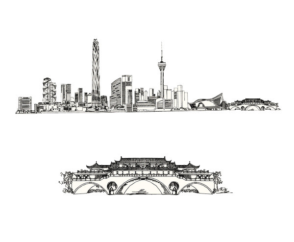 四川城市建筑手绘黑白插画