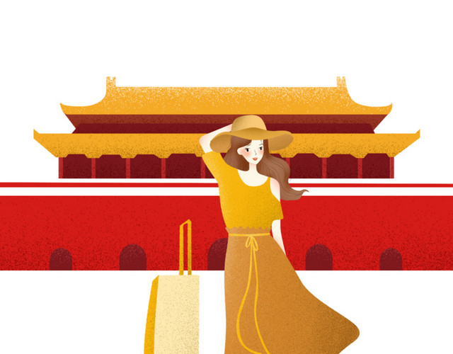 美女北京旅行卡通插画