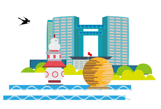 杭州城市建筑卡通矢量插画