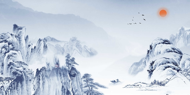 蓝色飞鸟中国风古风水墨山水展板背景