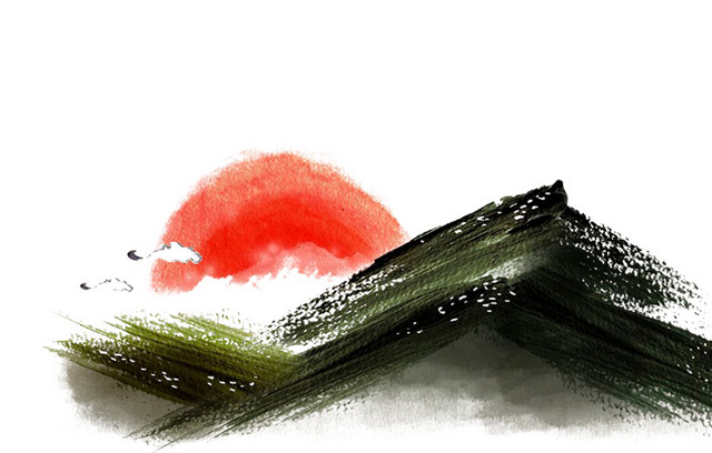 水彩水墨山日落素材