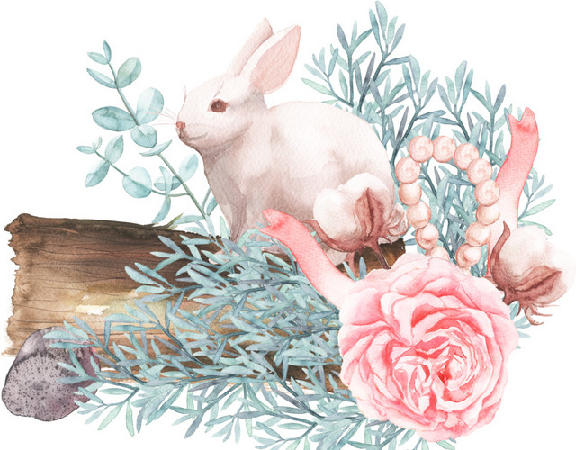 水彩兔子花朵素材