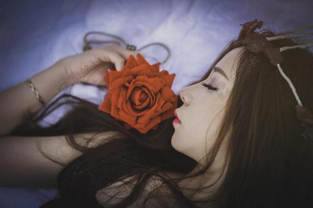 浪漫拿着玫瑰睡觉的女子背景图片