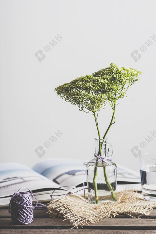 简约书桌上的盆栽插花背景图片