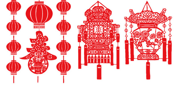 红色剪纸灯笼素材