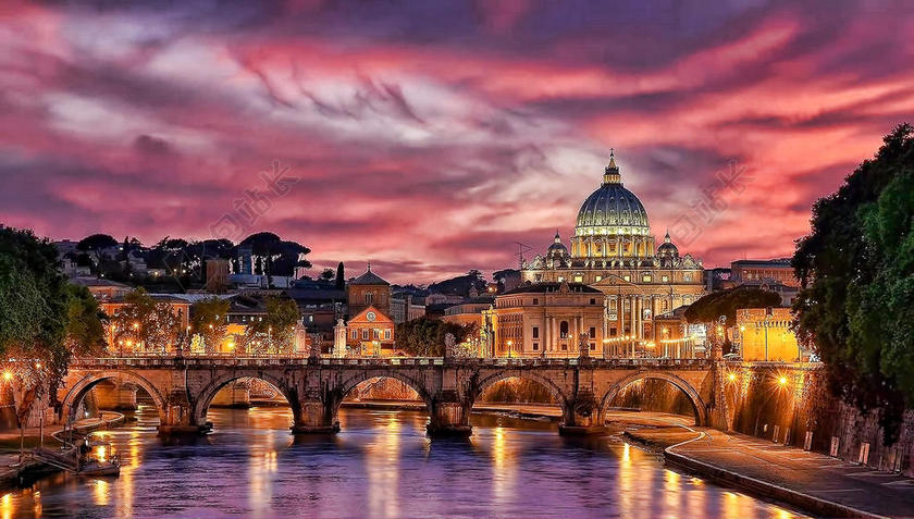 红色拱门建筑河中桥教堂城市景观暮色灯光背景图片