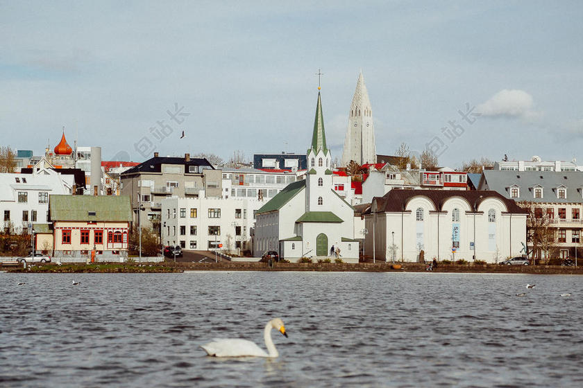 户外海景城市建筑现代居民楼湖水飞禽背景图片