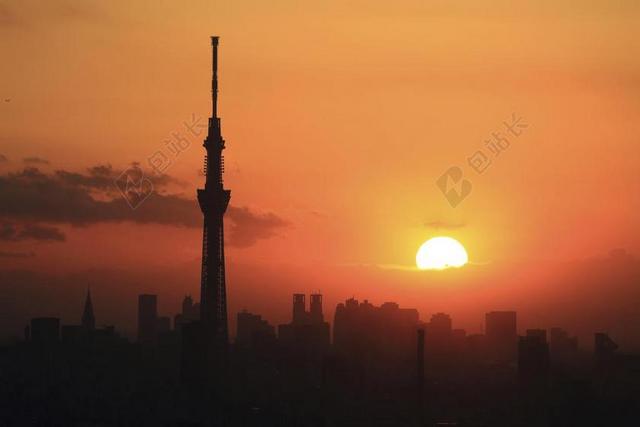 城市摩天大楼建筑日出日落天空天际线背景图片