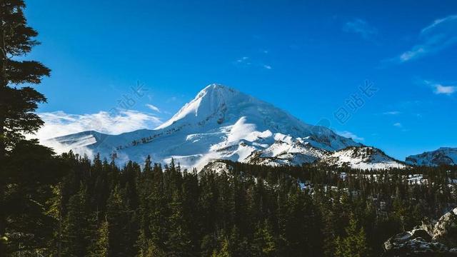 彩色自然清新蓝天下的雪山树林自然旅游景点背景图片