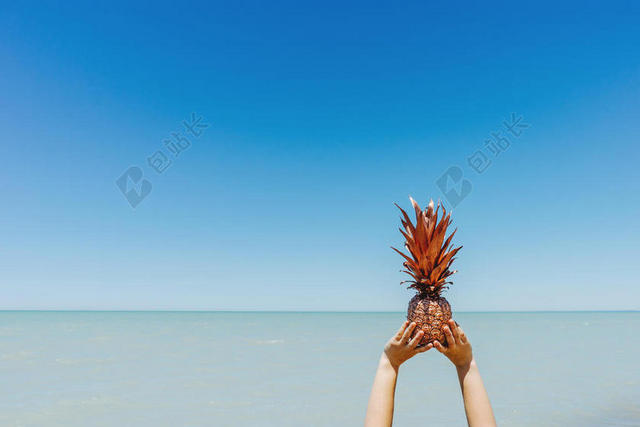 蓝色天空自然清新大海手捧菠萝特写背景图片