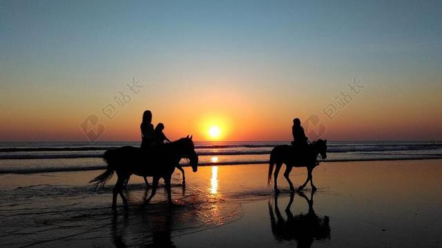 光影唯美夕阳下的海滩边骑马的人们光影大海人背景图片