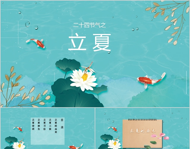 二十四节气夏天蓝色清新荷花蜻蜓立夏PPT模板