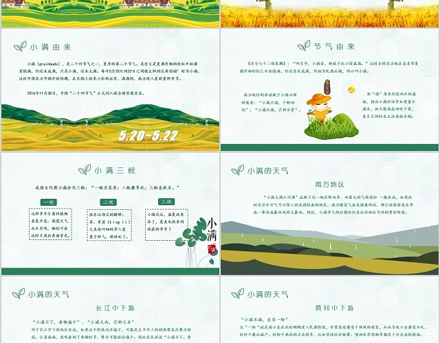 黄绿色卡通手绘中国传统二十四节气之小满麦子课件PPT模板