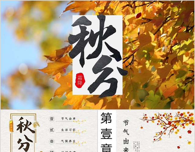 黄色文艺手绘风格二十四节气之秋分节气介绍PPT模板
