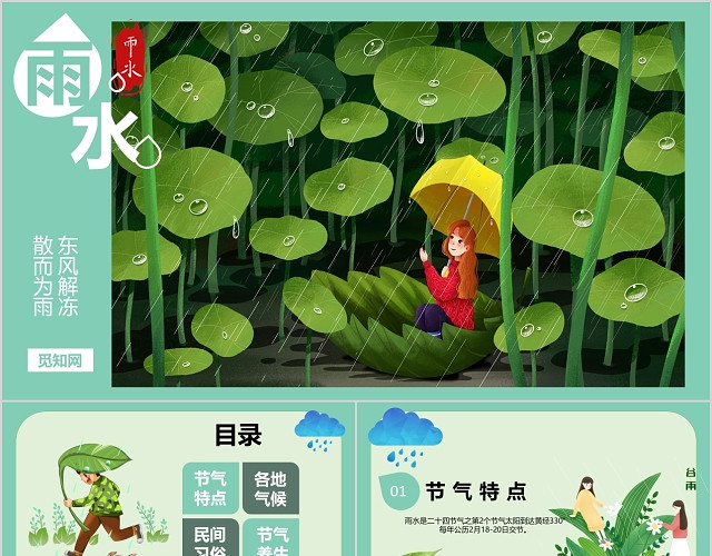 绿色卡通二十四节气雨水PPT模板