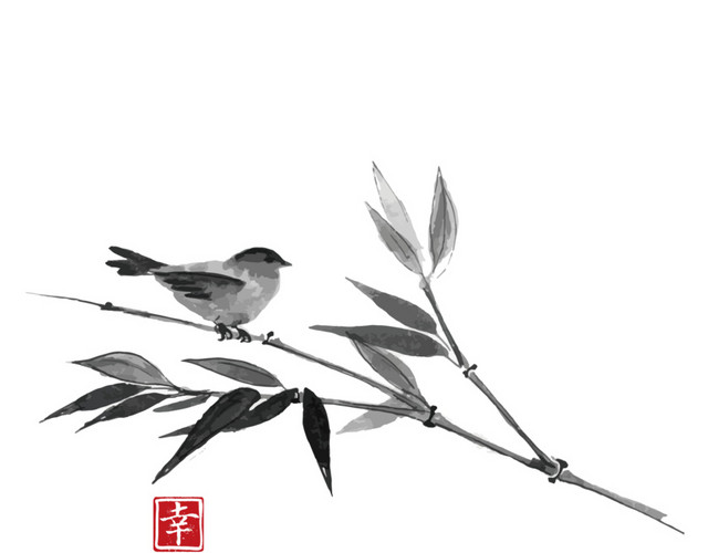 水墨简约清新写意竹子小鸟免抠素材