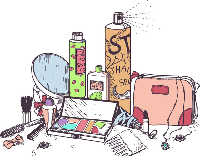 手绘化妆品卡通矢量插画