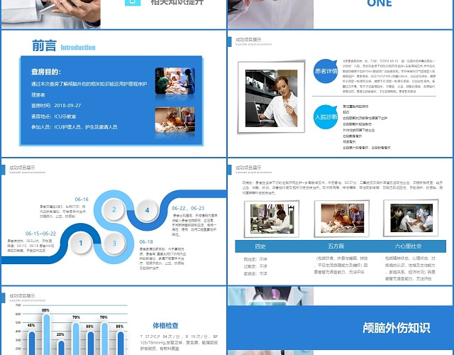 蓝色医疗颅脑损伤护理查房工作汇报总结PPT模板