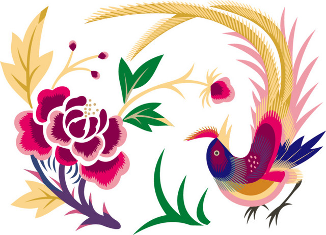 手绘长尾鸟鲜花组合设计素材