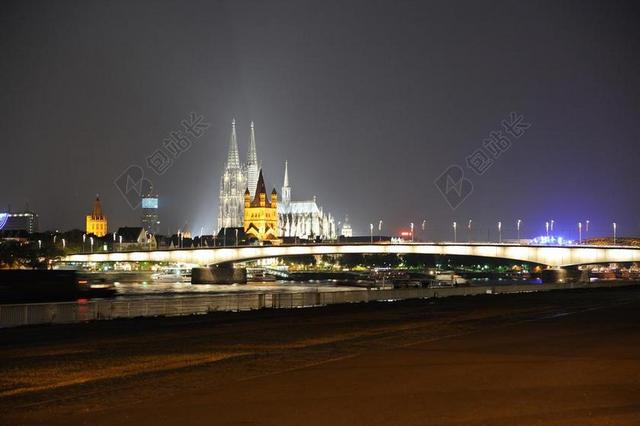 夜景 科隆 德国 莱茵河 水 桥 几点思考 教堂 圆顶
