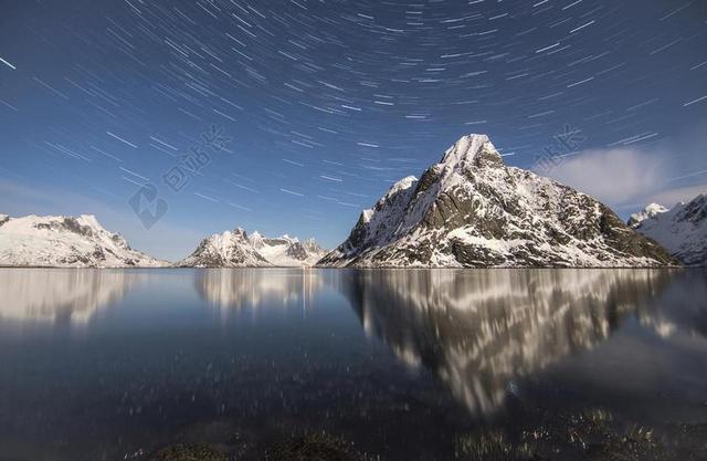 山 反思 星星 夜晚的天空 星流迹 雪 荒野 景观 水
