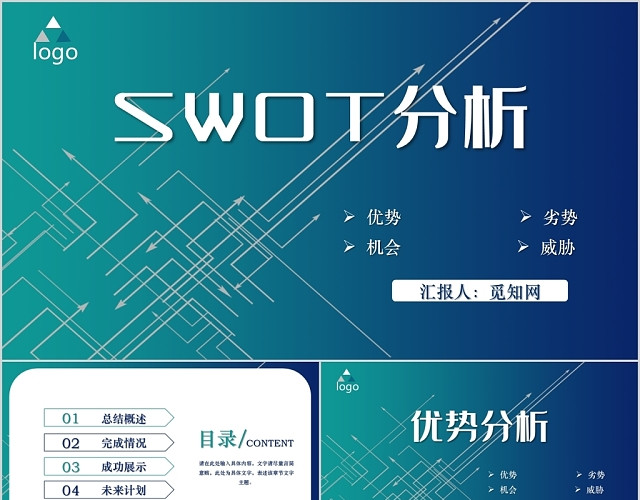 蓝绿线条简约商务风SWOT分析PPT模板